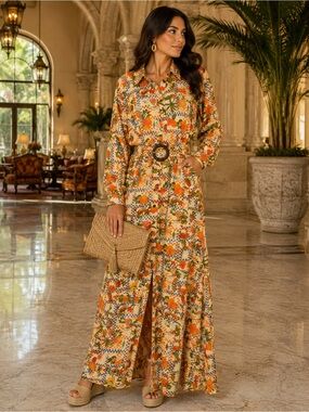 Floral Orange Maxi Shirt Dress with Belted Waist